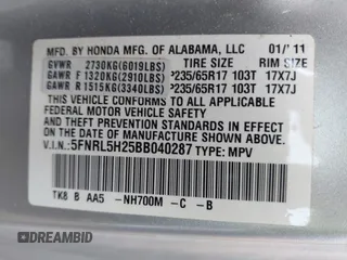 2011 Honda Odyssey LX with VIN 5FNRL5H25BB040287, listed as a IAAI auction lot 42456679 with 129,176 mi miles and . Bid and sale history available at DreamBid. Image 9.