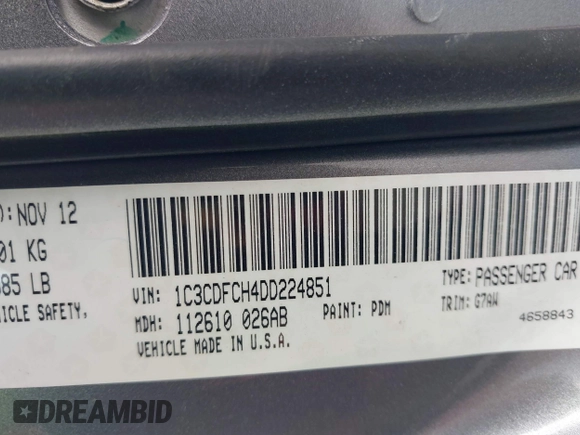 2013 Dodge Dart Limited with VIN 1C3CDFCH4DD224851, listed as a IAAI auction lot 41723111 with 63,812 mi miles and . Bid and sale history available at DreamBid. Image 9.