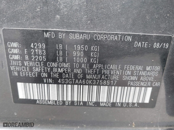 2019 Subaru Impreza with VIN 4S3GTAA60K3758517, listed as a IAAI auction lot 41930668 with 39,999 mi miles. Bid and sale history available at carsss.com. Image 9.