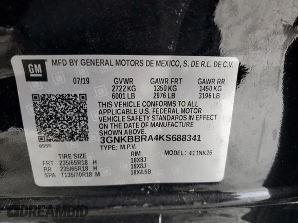 2019 Chevrolet Blazer z VIN 3GNKBBRA4KS688341, wystawiony jako Copart lot #53078925 z przebiegiem 73 831 mil mil oraz Szkoda całkowita • Salvage title. Historia ofert i sprzedaży dostępna na DreamBid. Obrazek 15.