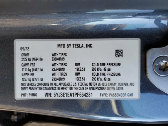 2023 Tesla Model 3 with VIN 5YJ3E1EA1PF654281, listed as a Copart auction lot 87509225 with 15,834 mi miles and Salvage Title. Bid and sale history available at carsss.com. Image 15.