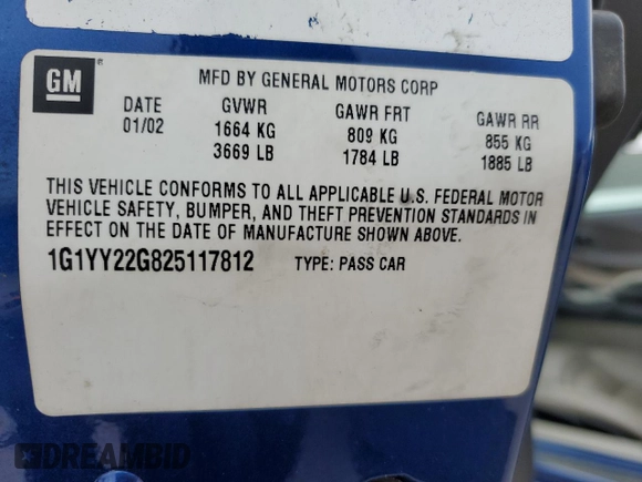 2002 Chevrolet Corvette with VIN 1G1YY22G825117812, listed as a Copart auction lot 82476834 with 86,521 mi miles and Salvage Title. Bid and sale history available at carsss.com. Image 12.