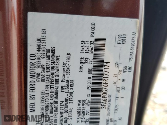 2015 Ford Fusion S with VIN 3FA6P0G76FR177174, listed as a Copart auction lot 53862845 with 78,021 mi miles and Salvage Title. Bid and sale history available at DreamBid. Image 12.
