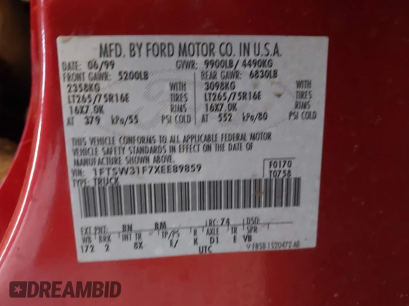 1999 Ford F-350 XL with VIN 1FTSW31F7XEE89859, listed as a IAAI auction lot 42077299 with Not provided miles and . Bid and sale history available at DreamBid. Image 9.