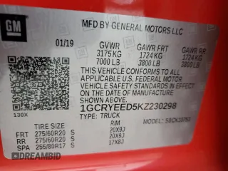 2019 Chevrolet Silverado 1500 RST with VIN 1GCRYEED5KZ230298, listed as a Copart auction lot 82813134 with 57,280 mi miles and Salvage Title. Bid and sale history available at DreamBid. Image 12.