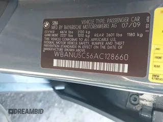 2010 BMW 5 Series 528i with VIN WBANU5C56AC128660, listed as a IAAI auction lot 41691585 with Not Provided miles and . Bid and sale history available at carsss.com. Image 9.