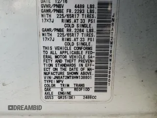 2017 Nissan Rogue SV z VIN JN8AT2MT8HW138801, wystawiony jako Copart lot #58796365 z przebiegiem 152 898 mil mil oraz Szkoda całkowita • Salvage title. Historia ofert i sprzedaży dostępna na DreamBid. Obrazek 12.