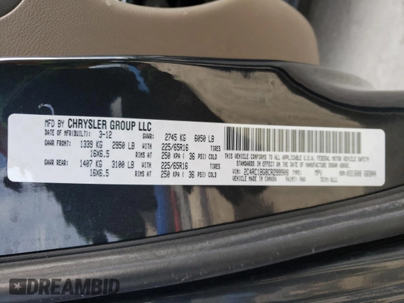 2012 Chrysler Town & Country Touring with VIN 2C4RC1BG8CR299908, listed as a Copart auction lot 37181562 with 95,287 mi miles and Salvage Title. Bid and sale history available at DreamBid. Image 10.