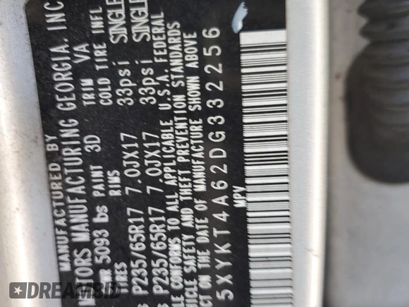 2013 Kia Sorento LX z VIN 5XYKT4A62DG332256, wystawiony jako Copart lot #88001935 z przebiegiem Nie podano mil oraz Szkoda całkowita • Salvage title. Historia ofert i sprzedaży dostępna na DreamBid. Obrazek 13.