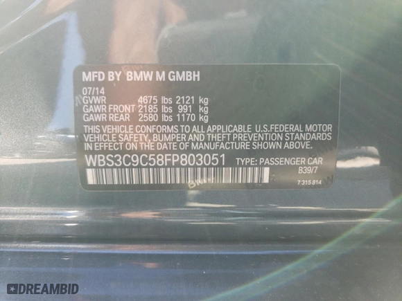 2015 BMW M3 with VIN WBS3C9C58FP803051, listed as a Copart auction lot 49765625 with 111,934 mi miles and Salvage Title. Bid and sale history available at carsss.com. Image 13.