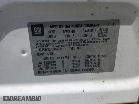 2020 Chevrolet Trax LS with VIN KL7CJKSB7LB065079, listed as a Copart auction lot 62301365 with 64,325 mi miles and Salvage title. Bid and sale history available at DreamBid. Image 13.