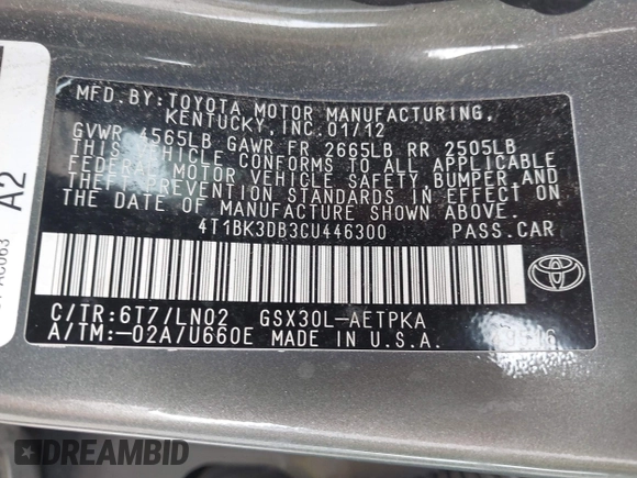 2012 Toyota Avalon with VIN 4T1BK3DB3CU446300, listed as a IAAI auction lot 42652017 with 192,032 mi miles and . Bid and sale history available at DreamBid. Image 9.
