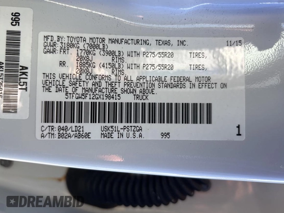 2016 Toyota Tundra Platinum z VIN 5TFGW5F12GX198415, wystawiony jako Copart lot #59492555 z przebiegiem 28 731 mil mil oraz Czysty tytuł • Clean title. Historia ofert i sprzedaży dostępna na DreamBid. Obrazek 10.