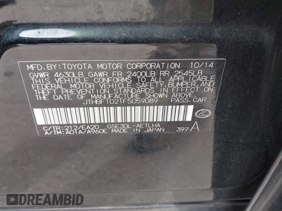 2015 Lexus IS 250 with VIN JTHBF1D21F5059089, listed as a IAAI auction lot 41679418 with 129,697 mi miles and . Bid and sale history available at DreamBid. Image 9.