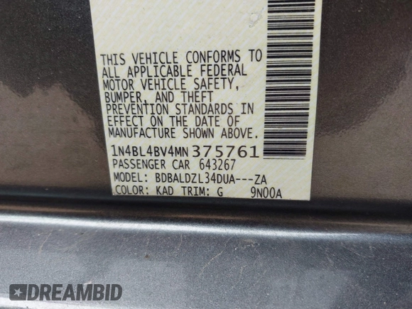 2021 Nissan Altima 2.5 S with VIN 1N4BL4BV4MN375761, listed as a IAAI auction lot 41499901 with 103,027 mi miles. Bid and sale history available at carsss.com. Image 9.