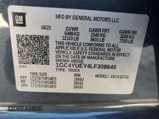 2020 Chevrolet Silverado 3500HD LTZ with VIN 1GC4YUEY4LF308645, listed as a Copart auction lot 77210454 with 40,712 mi miles and Salvage Title. Bid and sale history available at carsss.com. Image 13.