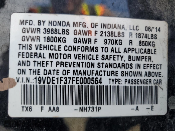 2015 Acura ILX with VIN 19VDE1F37FE000564, listed as a Copart auction lot 48120625 with 113,877 mi miles and Salvage Title. Bid and sale history available at carsss.com. Image 14.