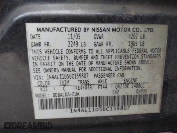 2006 Nissan Altima S with VIN 1N4AL11D56C159807, listed as a IAAI auction lot 42159319 with 293,144 mi miles and . Bid and sale history available at DreamBid. Image 9.