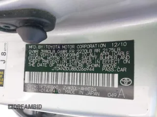 2011 Toyota Prius I with VIN JTDKN3DU8B0266944, listed as a IAAI auction lot 42164570 with 227,422 mi miles. Bid and sale history available at carsss.com. Image 9.