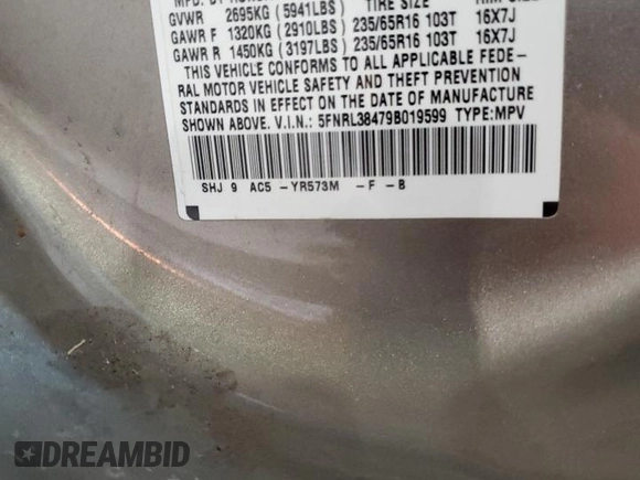 2009 Honda Odyssey EX с VIN 5FNRL38479B019599, выставлен на аукционе Copart как лот 56375175 с пробегом 241 526 миль миль и Списание • Salvage title. История ставок и продаж доступна на DreamBid. Изображение 13.