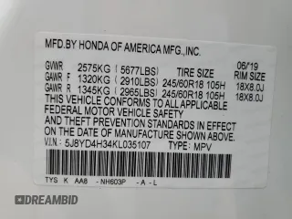 2019 Acura MDX с VIN 5J8YD4H34KL035107, выставлен на аукционе Copart как лот 60670215 с пробегом 29 275 миль миль и Списание • Salvage title. История ставок и продаж доступна на DreamBid. Изображение 14.