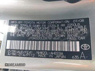2008 Toyota Prius with VIN JTDKB20U287814641, listed as a IAAI auction lot 42140510 with 80,586 mi miles and . Bid and sale history available at DreamBid. Image 9.