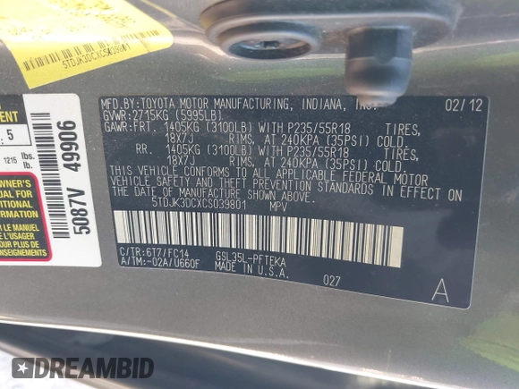 2012 Toyota Sienna LE with VIN 5TDJK3DCXCS039801, listed as a IAAI auction lot 41483248 with 165,548 mi miles. Bid and sale history available at carsss.com. Image 9.
