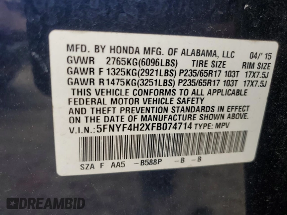 2015 Honda Pilot LX with VIN 5FNYF4H2XFB074714, listed as a Copart auction lot 52794065 with 144,626 mi miles and Salvage Title. Bid and sale history available at carsss.com. Image 13.