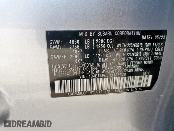 2024 Subaru Outback Touring with VIN 4S4BTAPC0R3106378, listed as a Copart auction lot 61424485 with 5,202 mi miles and Salvage title. Bid and sale history available at DreamBid. Image 13.