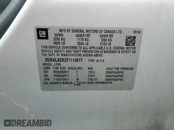 2015 Chevrolet Equinox LS with VIN 2GNALAEK2F1114517, listed as a Copart auction lot 54248035 with 186,588 mi miles and Clean Title. Bid and sale history available at carsss.com. Image 13.