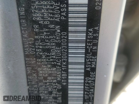 2013 Toyota Camry L with VIN 4T1BF1FK3DU230020, listed as a Copart auction lot 54191775 with 249,255 mi miles and Salvage Title. Bid and sale history available at DreamBid. Image 12.