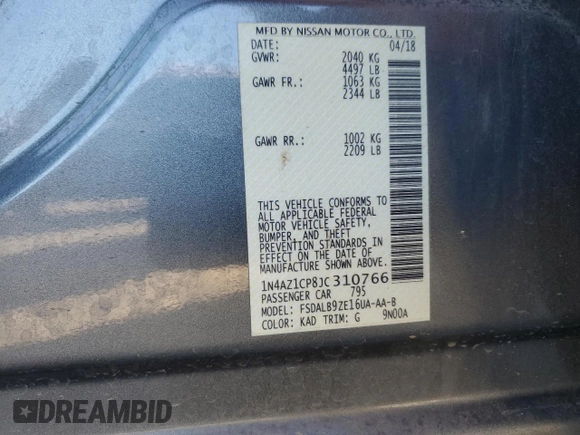 2018 Nissan LEAF SL with VIN 1N4AZ1CP8JC310766, listed as a Copart auction lot 44427505 with 67,427 mi miles and Clean Title. Bid and sale history available at DreamBid. Image 13.