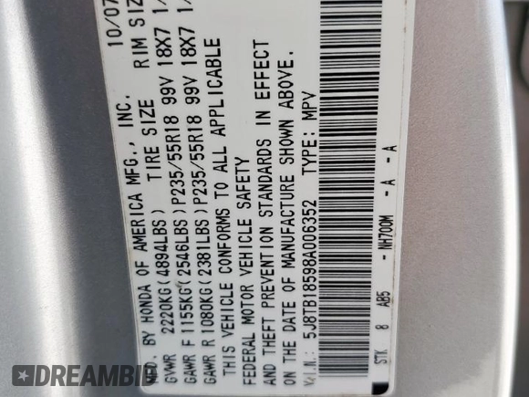 2008 Acura RDX Technology z VIN 5J8TB18598A006352, wystawiony jako Copart lot #57949825 z przebiegiem 181 784 mil mil oraz Szkoda całkowita • Salvage title. Historia ofert i sprzedaży dostępna na DreamBid. Obrazek 13.