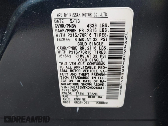 2013 Nissan Rogue S with VIN JN8AS5MTXDW026841, listed as a IAAI auction lot 41910527 with Not Provided miles and . Bid and sale history available at carsss.com. Image 9.