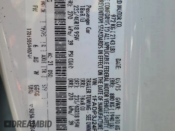 2015 Ford Focus Titanium с VIN 1FADP3J24FL304136, выставлен на аукционе Copart как лот 58428865 с пробегом 81 668 миль миль и Списание • Salvage title. История ставок и продаж доступна на DreamBid. Изображение 13.