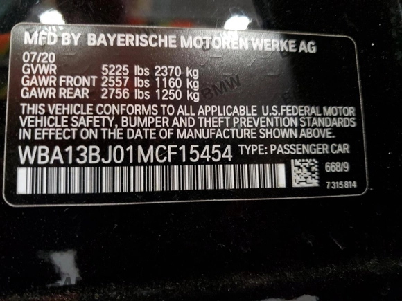 2021 BMW 5 Series 530i xDrive with VIN WBA13BJ01MCF15454, listed as a Copart auction lot 56922345 with 115,667 mi miles and Salvage title. Bid and sale history available at DreamBid. Image 12.