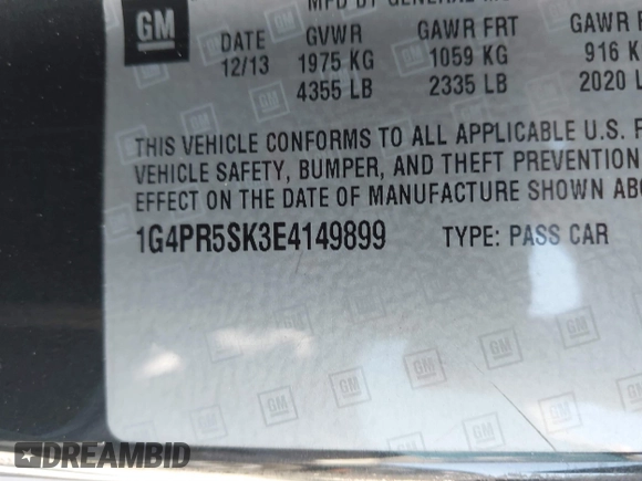 2014 Buick Verano Convenience Group with VIN 1G4PR5SK3E4149899, listed as a IAAI auction lot 41711146 with 93,179 mi miles. Bid and sale history available at carsss.com. Image 9.