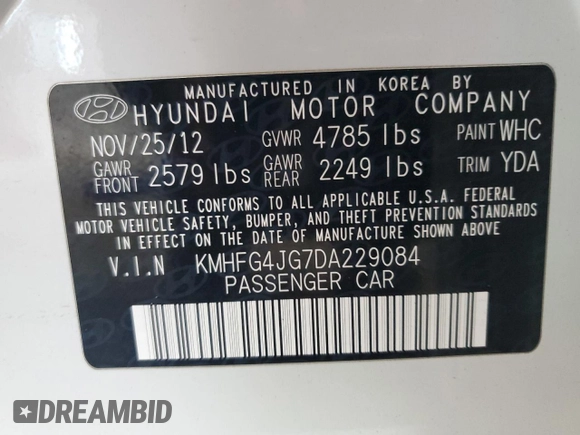 2013 Hyundai Azera z VIN KMHFG4JG7DA229084, wystawiony jako Copart lot #62580265 z przebiegiem 114 505 mil mil oraz Szkoda całkowita • Salvage title. Historia ofert i sprzedaży dostępna na DreamBid. Obrazek 12.