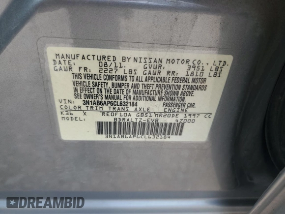 2012 Nissan Sentra S with VIN 3N1AB6AP6CL632184, listed as a Copart auction lot 55595195 with 179,991 mi miles and Clean Title. Bid and sale history available at DreamBid. Image 12.