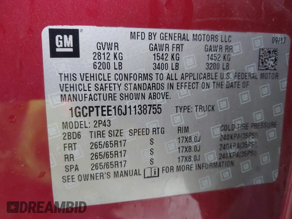 2018 Chevrolet Colorado 4WD ZR2 with VIN 1GCPTEE16J1138755, listed as a IAAI auction lot 41215626 with 118,661 mi miles. Bid and sale history available at carsss.com. Image 9.