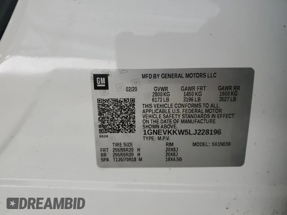 2020 Chevrolet Traverse Premier with VIN 1GNEVKKW5LJ228196, listed as a Copart auction lot 48376825 with 63,164 mi miles and Salvage Title. Bid and sale history available at carsss.com. Image 13.