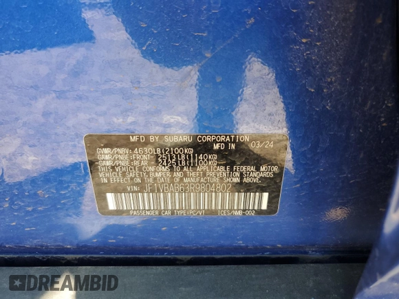 2024 Subaru WRX with VIN JF1VBAB63R9804802, listed as a Copart auction lot 55690155 with 5,915 mi miles and Salvage title. Bid and sale history available at DreamBid. Image 13.