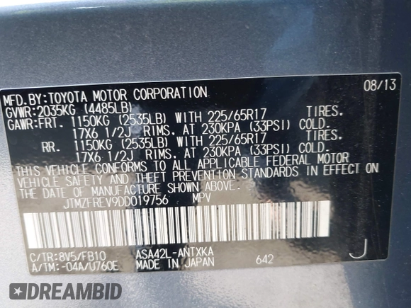 2013 Toyota RAV4 LE with VIN JTMZFREV9DD019756, listed as a IAAI auction lot 41708194 with 126,689 mi miles and . Bid and sale history available at carsss.com. Image 9.