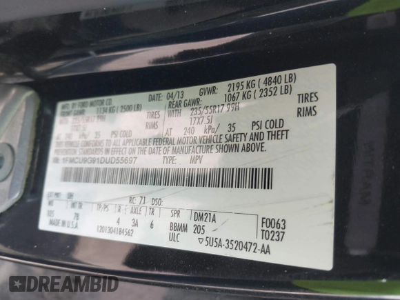 2013 Ford Escape SE z VIN 1FMCU9G91DUD55697, wystawiony jako IAAI lot #42184822 z przebiegiem 139 594 mil mil oraz . Historia ofert i sprzedaży dostępna na DreamBid. Obrazek 9.