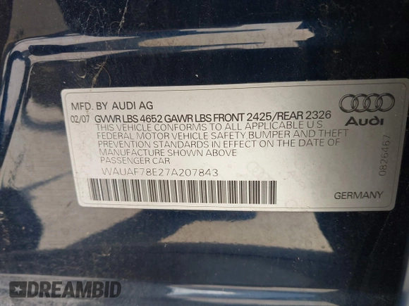 2007 Audi A4 2.0T with VIN WAUAF78E27A207843, listed as a IAAI auction lot 42033988 with 166,453 mi miles. Bid and sale history available at carsss.com. Image 9.