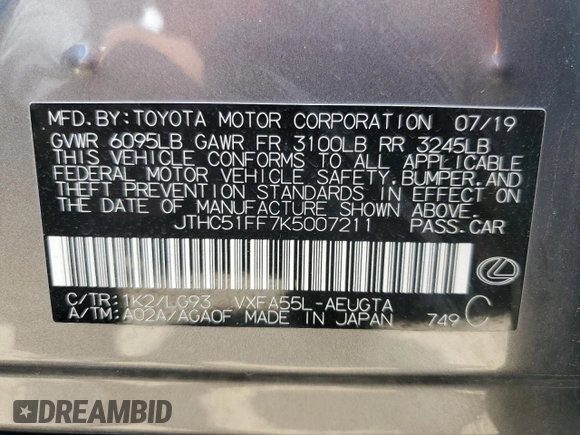 2019 Lexus LS 500 with VIN JTHC51FF7K5007211, listed as a Copart auction lot 59156954 with Not provided miles and Salvage title. Bid and sale history available at DreamBid. Image 12.