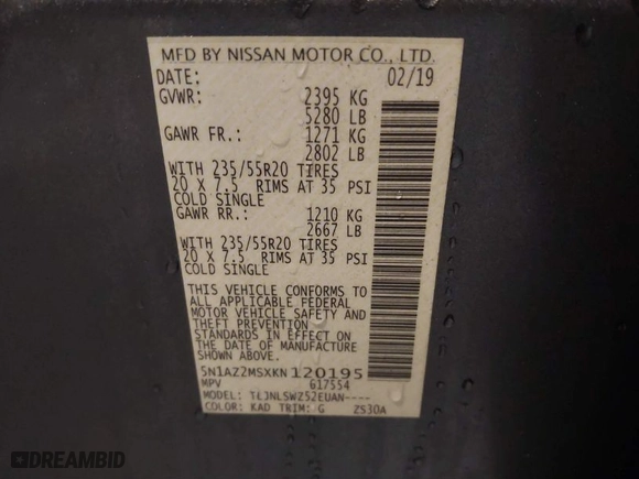 2019 Nissan Murano S with VIN 5N1AZ2MSXKN120195, listed as a IAAI auction lot 41031397 with 61,161 mi miles. Bid and sale history available at carsss.com. Image 9.