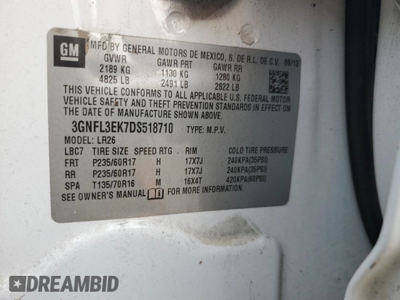 2013 Chevrolet Captiva Sport LT with VIN 3GNFL3EK7DS518710, listed as a Copart auction lot 50264225 with 164,122 mi miles and Salvage Title. Bid and sale history available at carsss.com. Image 13.