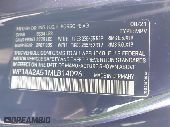 2021 Porsche Macan with VIN WP1AA2A51MLB14096, listed as a IAAI auction lot 41734166 with 17,702 mi miles and . Bid and sale history available at DreamBid. Image 9.
