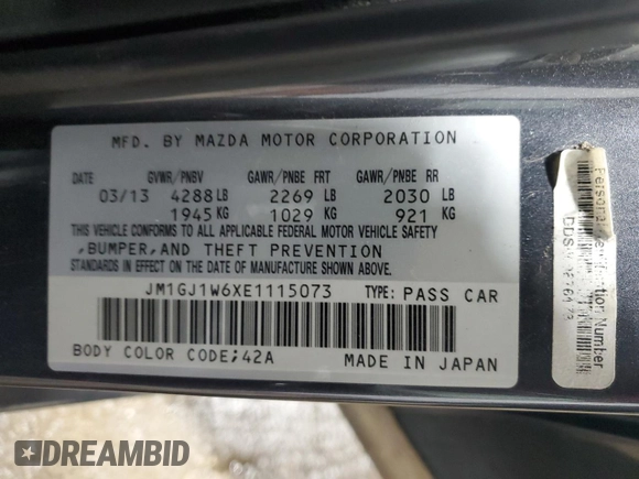 2014 Mazda 6 i Grand Touring with VIN JM1GJ1W6XE1115073, listed as a Copart auction lot 54361325 with 80,726 mi miles and Salvage Title. Bid and sale history available at carsss.com. Image 12.